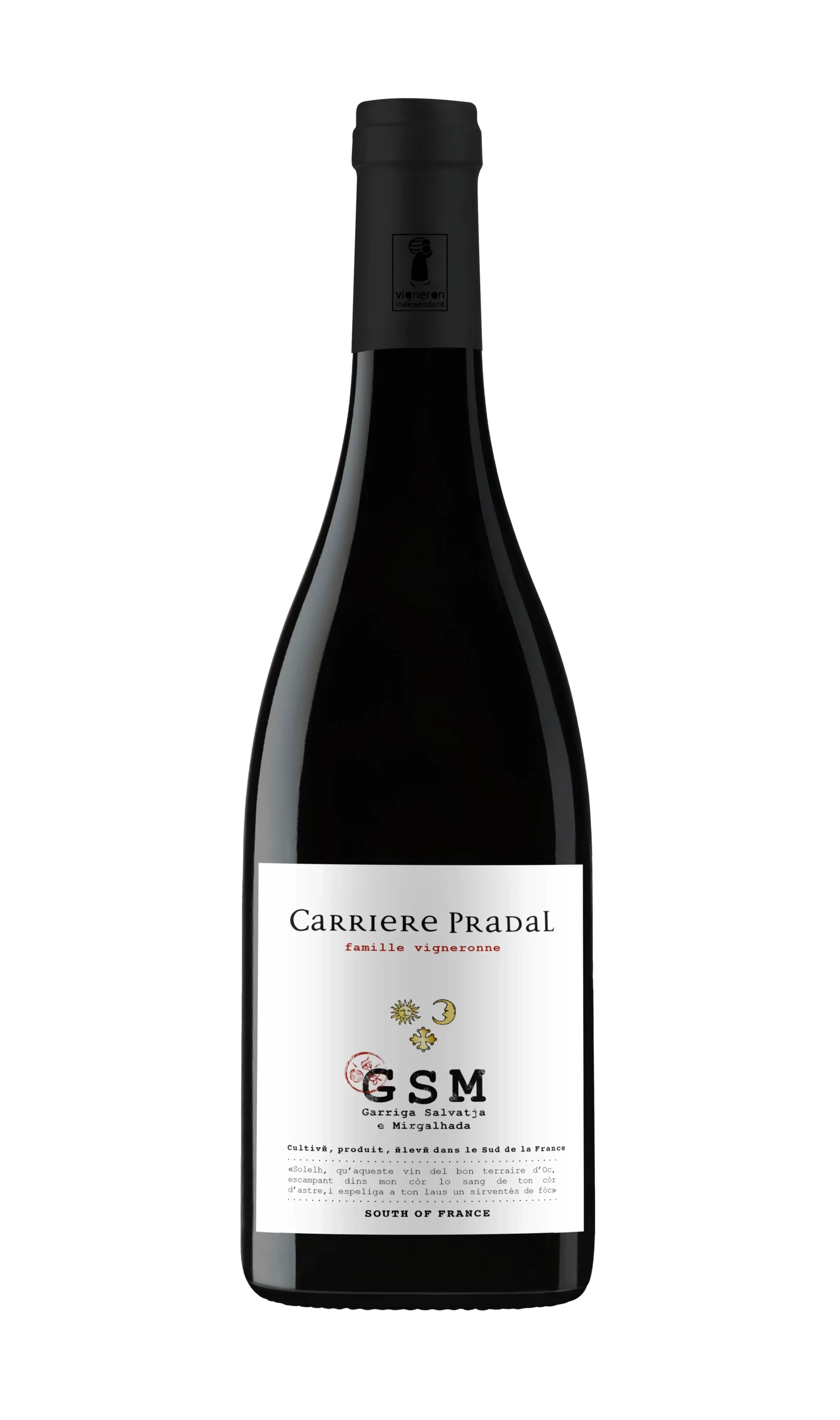 Bouteille de vin rouge GSM de Carriere Pradal situé dans le Languedoc