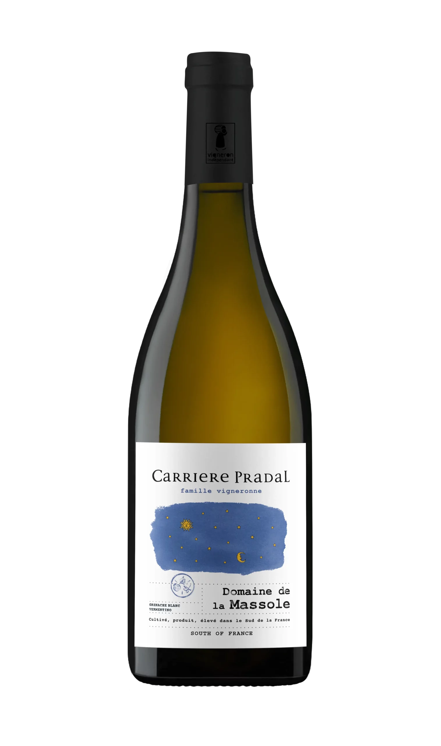 Bouteille de vin blanc du Domaine de la Massole de Carriere Pradal situé dans le Languedoc