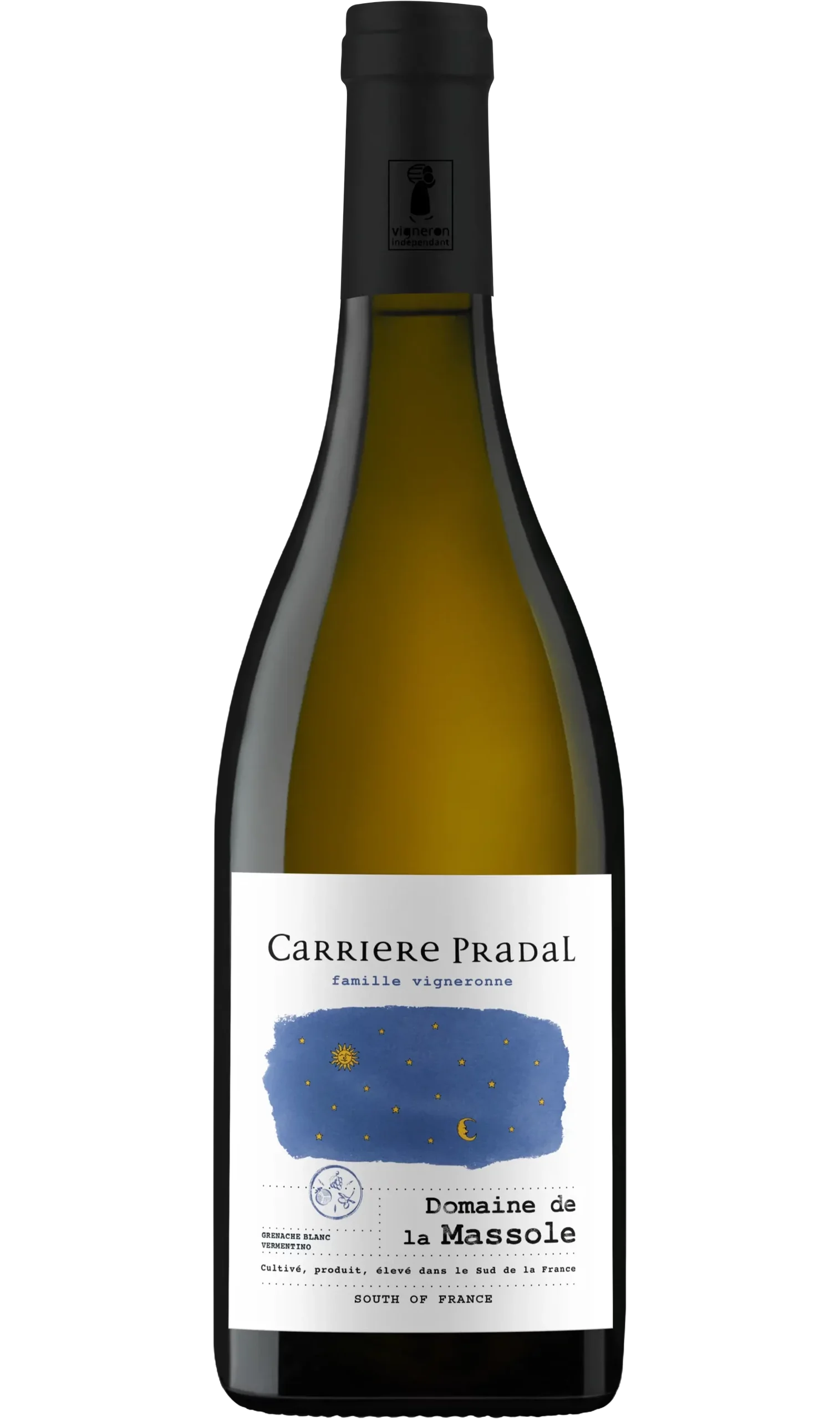 Bouteille de vin blanc du Domaine de la Massole de Carriere Pradal situé dans le Languedoc